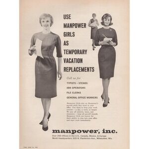 1961 Manpower Girls Vintage Print Ad Temporary Office Workers Mid Century Modern